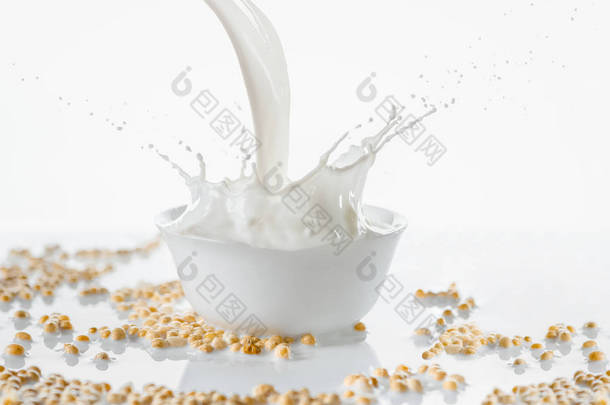 白碗牛奶倒在白色的背景下大豆