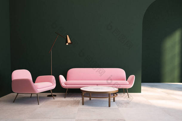 绿色<strong>客厅</strong>, 粉红色扶手椅和沙发