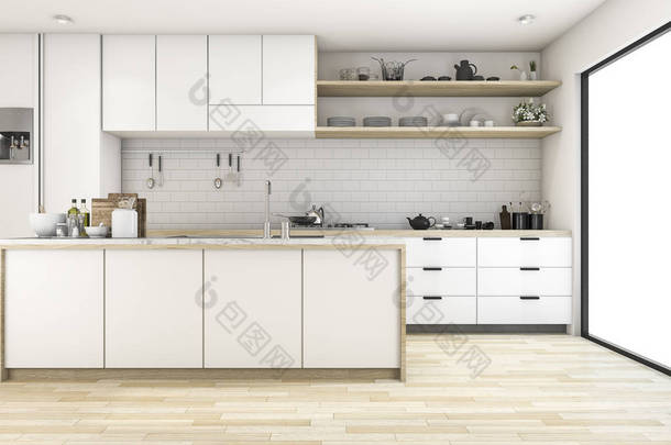 3d 渲染斯堪的纳维亚厨房与白色基调<strong>设计</strong>