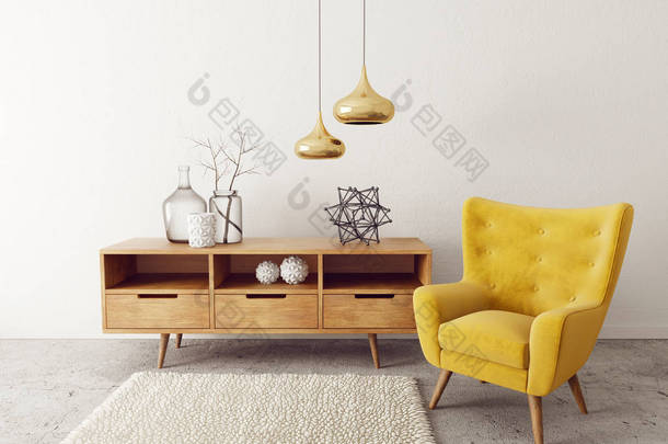带黄色扶手椅的现代起居室。斯堪的纳维亚室内设计家具