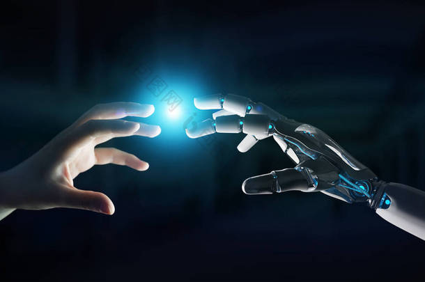 机器人手与人的手接触在黑暗的背景3d 