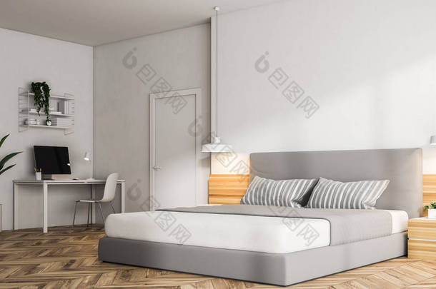现代卧室的一角, 有白色的<strong>墙壁</strong>, 一层木地板, 一张双人床和一台电脑的家庭办公室。3d 渲染模拟
