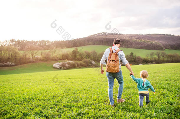 一个<strong>父亲与</strong>他的蹒跚学步的<strong>儿子</strong>在户外散步春天自然.