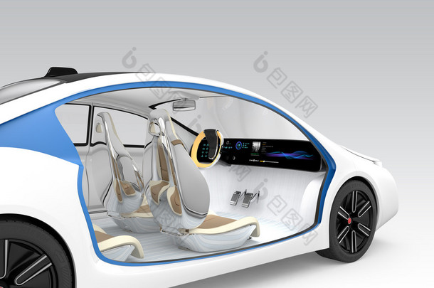 自主汽车的内饰设计概念。折叠可旋转乘客座椅方向盘汽车报价.