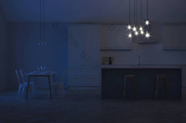 私人住宅厨房的<strong>内部</strong>。白色厨房，有一个蓝色的岛屿。晚上。晚间照明。3d 渲染.