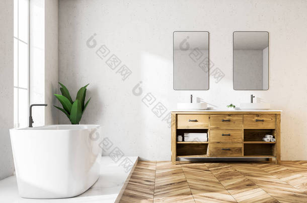 白色豪华<strong>浴室</strong>内有木地板, 白色<strong>浴缸</strong>和阁楼窗口附近的双洗漱池。两个垂直镜像。3d 渲染模拟