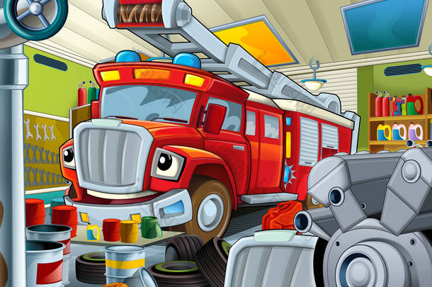 动画片场面与车库和消防员车-消防员汽车-例证为孩子
