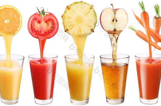 从水果和蔬菜的概念图像-鲜榨果汁倾吐