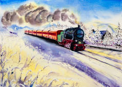 Snowy winter landscape with a retro steam train that releases pu
