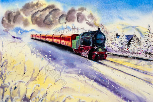 Snowy winter landscape with a retro steam train that releases pu