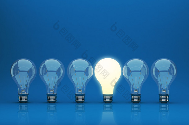 <strong>行</strong>的灯泡 3d 在蓝色背景上。创新理念.