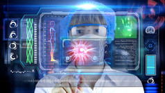 未来派的平视显示器屏幕平板电脑的医生。神经元，大脑的冲动。医学概念的未来