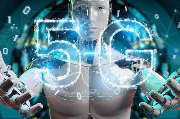 模糊背景下的<strong>白色</strong>机器人5g 网络数字全息图3d <strong>渲染</strong>