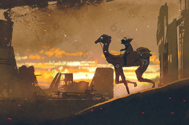 未来派骆驼在启示城市运行的男人