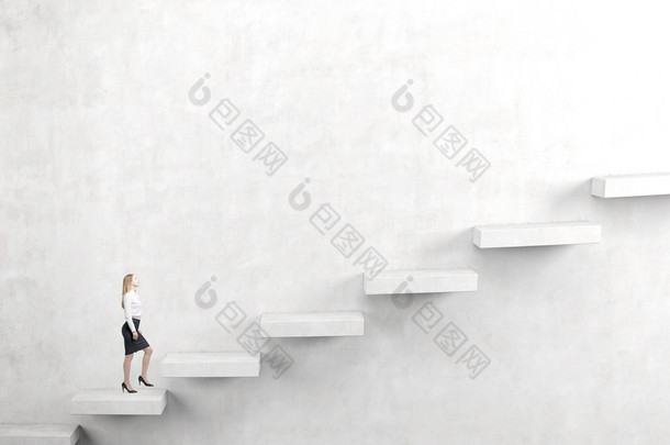 A young woman going upstairs steadily.