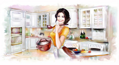 美丽的女人在厨房做饭