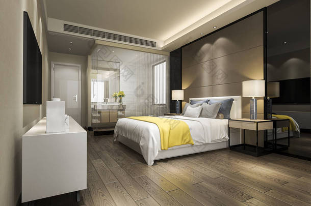 3d 渲染现代豪华黄色卧室套房和浴室