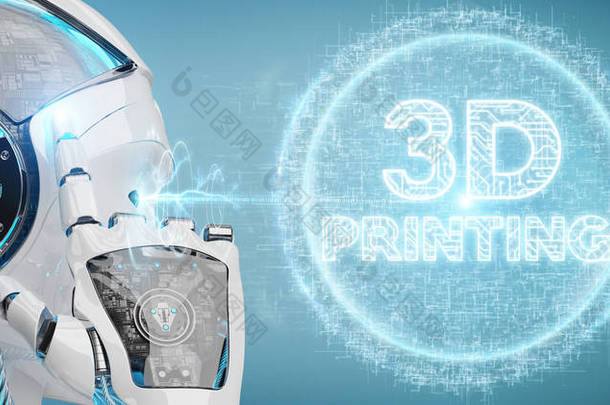 模糊背景下的机器人白种女人使用3d 打印数字全息<strong>图</strong>3d 渲染