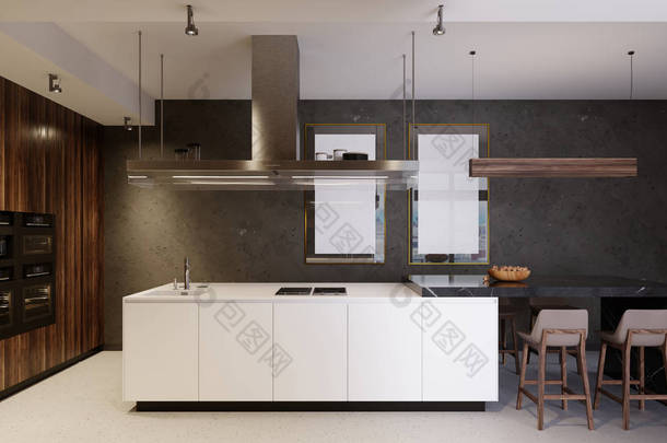 豪华的厨房家具, 配有白色的底部和木质的顶部, 结合了白色和棕色的木制元素。现代风格的厨房。3d 渲染.