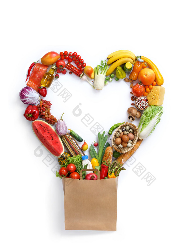 Heart symbol, made from different fruits and vegetables