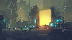 未来城市夜景与许多人在传送站, 数字艺术风格, 插图画