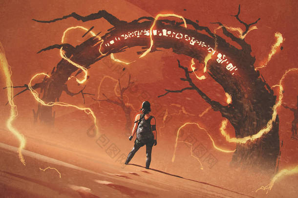冒险场面显示年轻妇女站立在奇怪的树门前面以闪电作用反对红色沙漠, 数字式艺术样式, 例证绘画
