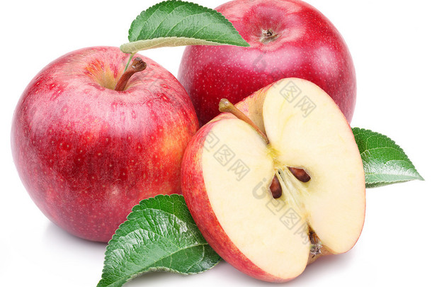 红苹果<strong>与</strong>叶和切片.