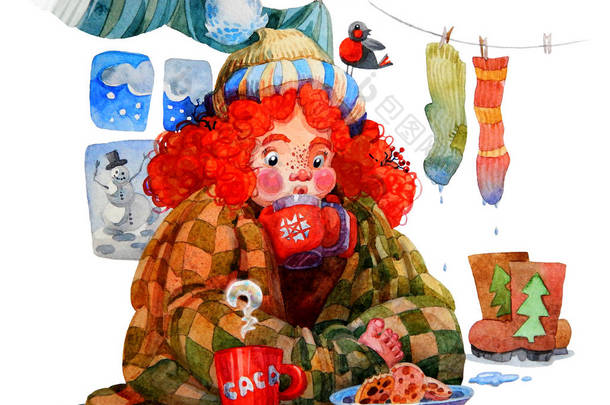 小搞笑红头发的女孩，放松和喝可可，坐在家里后，冬天散步和游戏，包裹在毛毯.