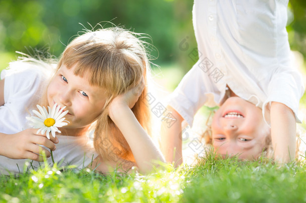 Happy children in spring park