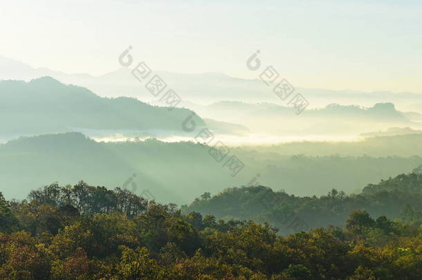 观天, 薄雾, 山观在清晨黎明前, 仰望山顶。清晨日出在高山上.