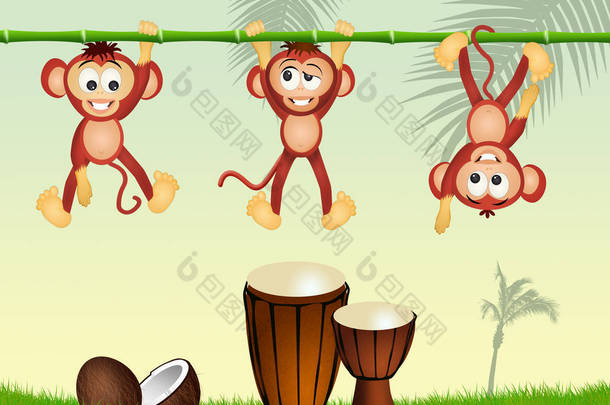 猴子和鼓在丛林中