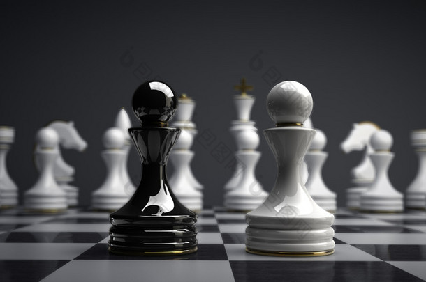 黑色 vs 白光象棋棋子<strong>背景</strong> 3d 图。高分辨率