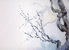 水彩画。一棵老树光秃秃的树枝