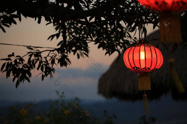 中国灯笼闪耀着新年的光芒, 挂着装饰