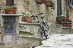 在意大利一个小镇的街道上骑自行车。以绘图的方式进行加工。Tranquil.