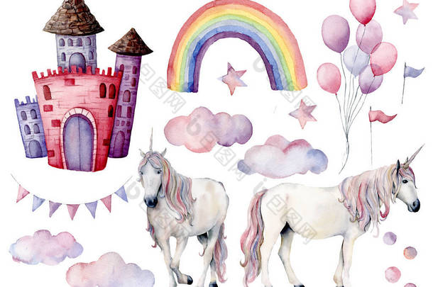 水彩大集与<strong>独角兽</strong>和童话装饰。手绘魔术马, 城堡, 彩虹, 云, 星和空气气球孤立的白色背景。可爱的设计或背景墙纸.
