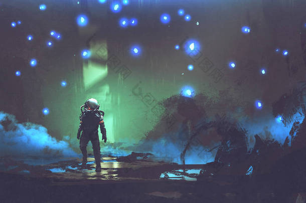 宇航员走在一个梦幻般的森林, 在空气中漂浮着发光的孢子, 数字艺术风格, <strong>插图</strong>绘画