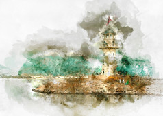 数字水彩绘画的端口阿拉尼亚的一座灯塔