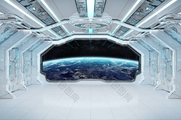 白色蓝色太空飞船<strong>未来</strong>派内部与窗口看法在 pla