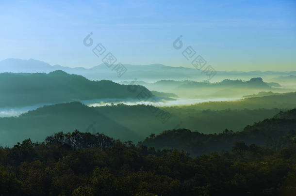 一看天空, 薄雾, 山观在黎明前的清晨, 仰望<strong>山顶</strong>。清晨日出在高山上.