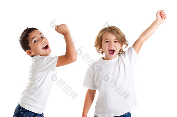 Excited children kids <strong>happy</strong> screaming and winner gesture express