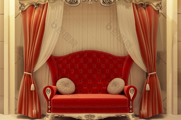 红色天鹅绒窗帘和皇家沙发
