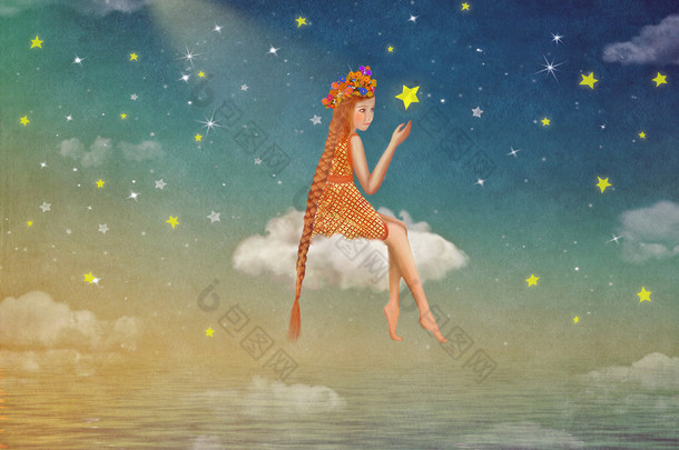 可爱的女孩坐在夜晚的天空中的月亮上的插图 