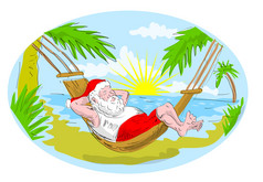 圣诞老人在吊床上放松在热带海滩