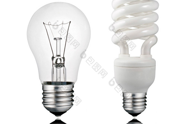 用白色<strong>上</strong>孤立的反射正常和保护程序灯泡