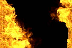 神秘的火热爆炸框架孤立在黑色 - 火线从两侧左右，顶部和底部是空的 - 火3D插图