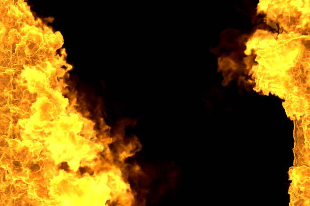 神秘的火热爆炸框架孤立在黑色 - 火线从两侧左右，顶部和底部是空的 - 火3D插图