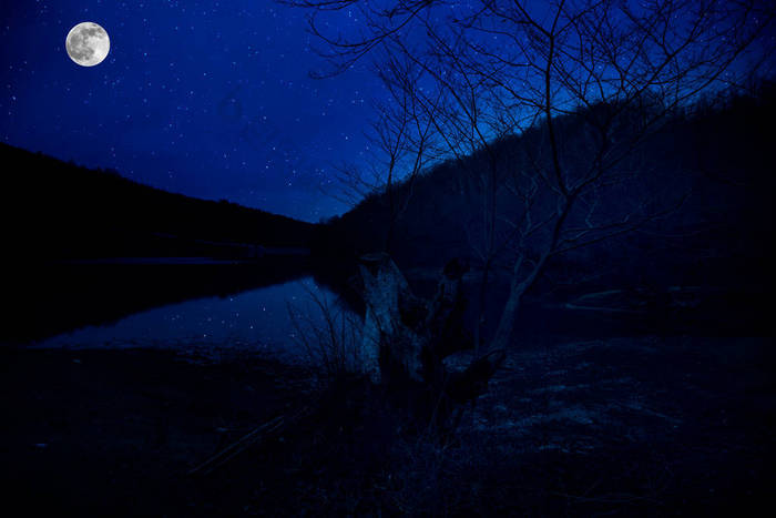 美丽的满月的风景映照在湖面雪山之上