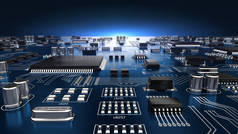 高科技电子PCB (印刷电路板)与处理器和微晶片.3d说明
