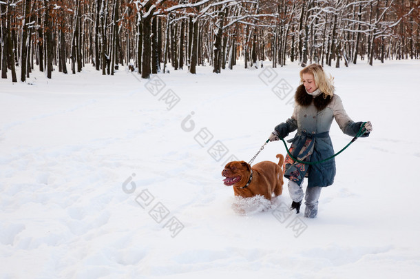 一个女人走在雪地里与她的<strong>狗</strong>